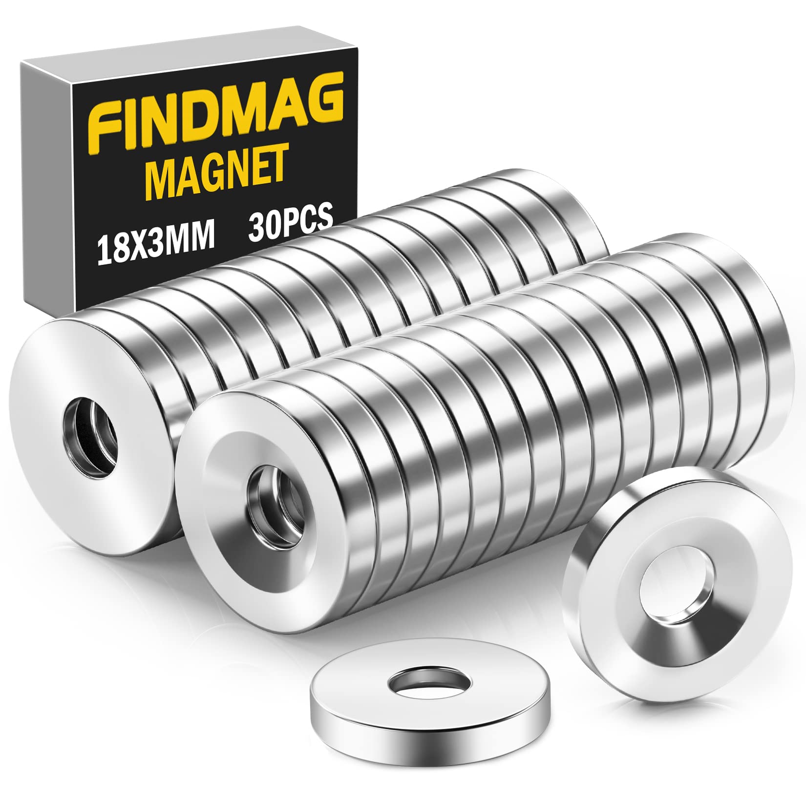 30 Pack 18 mm x 3 mm Magnet with Countersunk Hole, Fridge Magnet, Pot Magnets, Neodymium Magnets with Holes Can be Used With Screws, Round Magnets for Crafts, Walls, Boards, DIY (Excluding Screws)