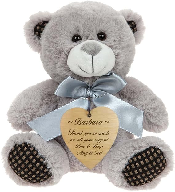 Personalizado gris oso de peluche con etiqueta con forma de corazón de