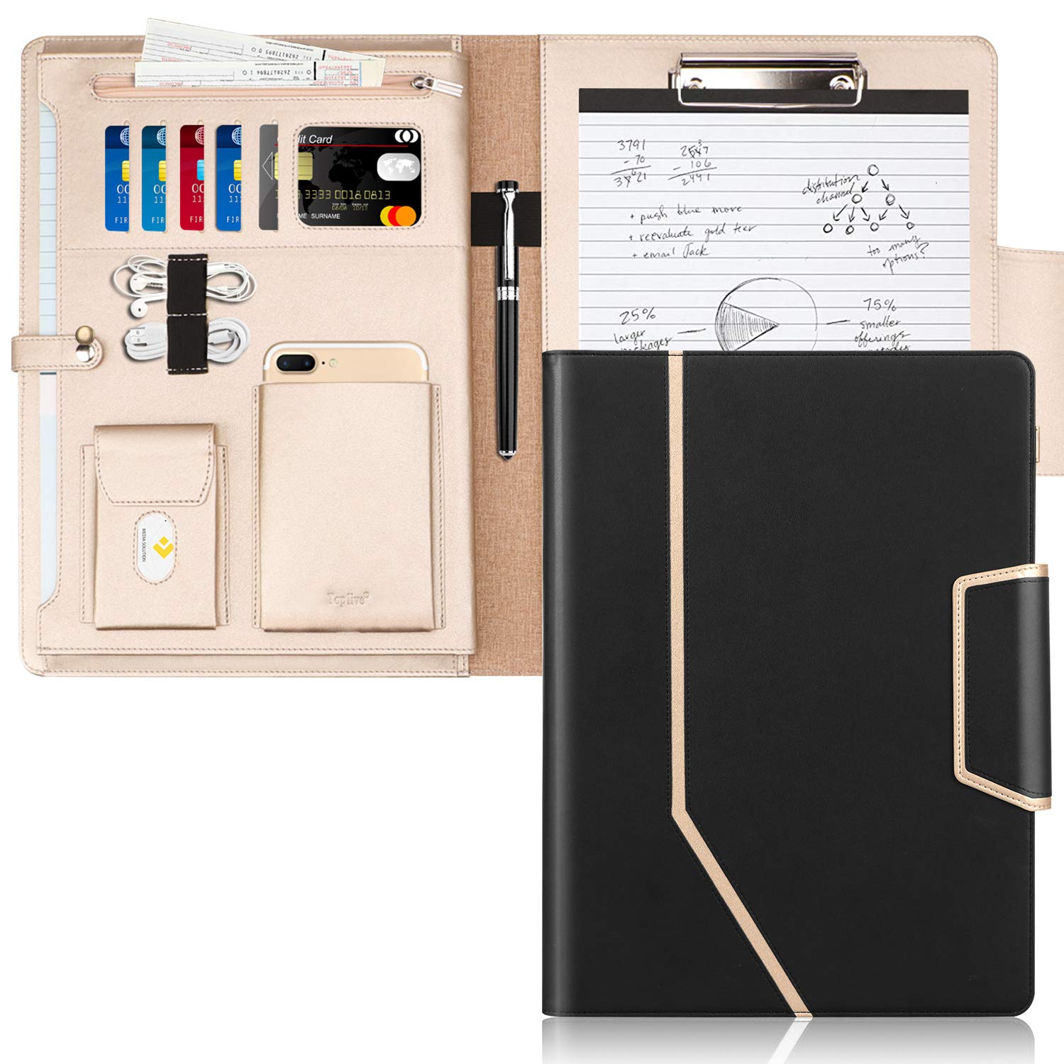 Photo 1 of Toplive Conference Folder - Executive Business Padfolio with Letter/A4 Size Clipboard, Document Sleeve & Card Holders - Black