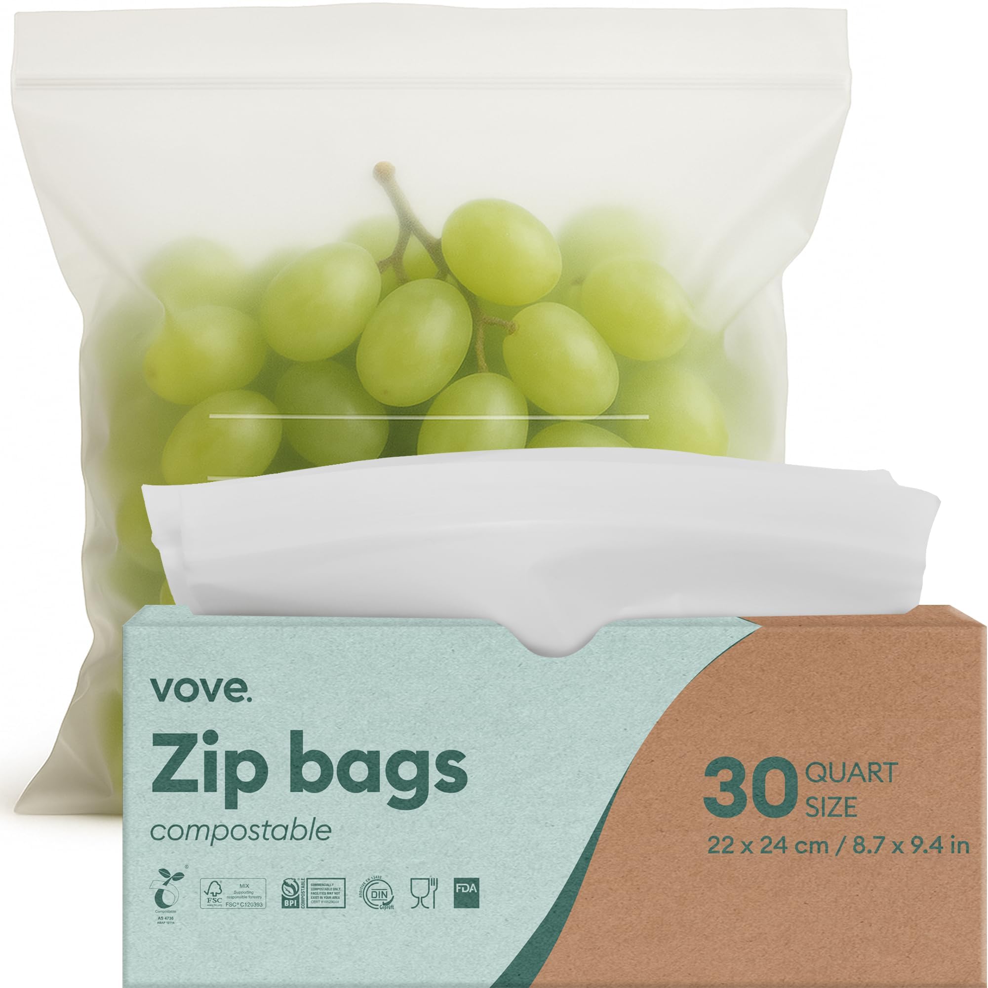Photo 1 of Vove Compostable Quart Bags, Large 30 Count – Freezer Safe, Leak Resistant, Non Toxic Food Storage for Leftovers & Meal Prep, Plastic-Free Eco Bags