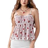 Floerns Women's Kawaii Strawberry Print Sleeveless Camisole Ruffle Hem Cute Cami Top