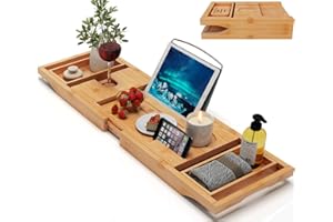 BAMBUROBA Bamboo Bathtub Caddy Tray Expandable for Luxury Bath, Bath Accessories & Table with Wine Glass Holder, Book Stand Bathroom Organizer with Extending Sides for Men/Women,Natural