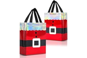 Nush Nush 12 Christmas Gift Bags Medium Size – Reusable Christmas Bags for Gifts With Handles and Holographic Santa Design - Perfect for Holiday Gifts, Presents,Goodies, Xmas Party Favors - 8 x4 x 10