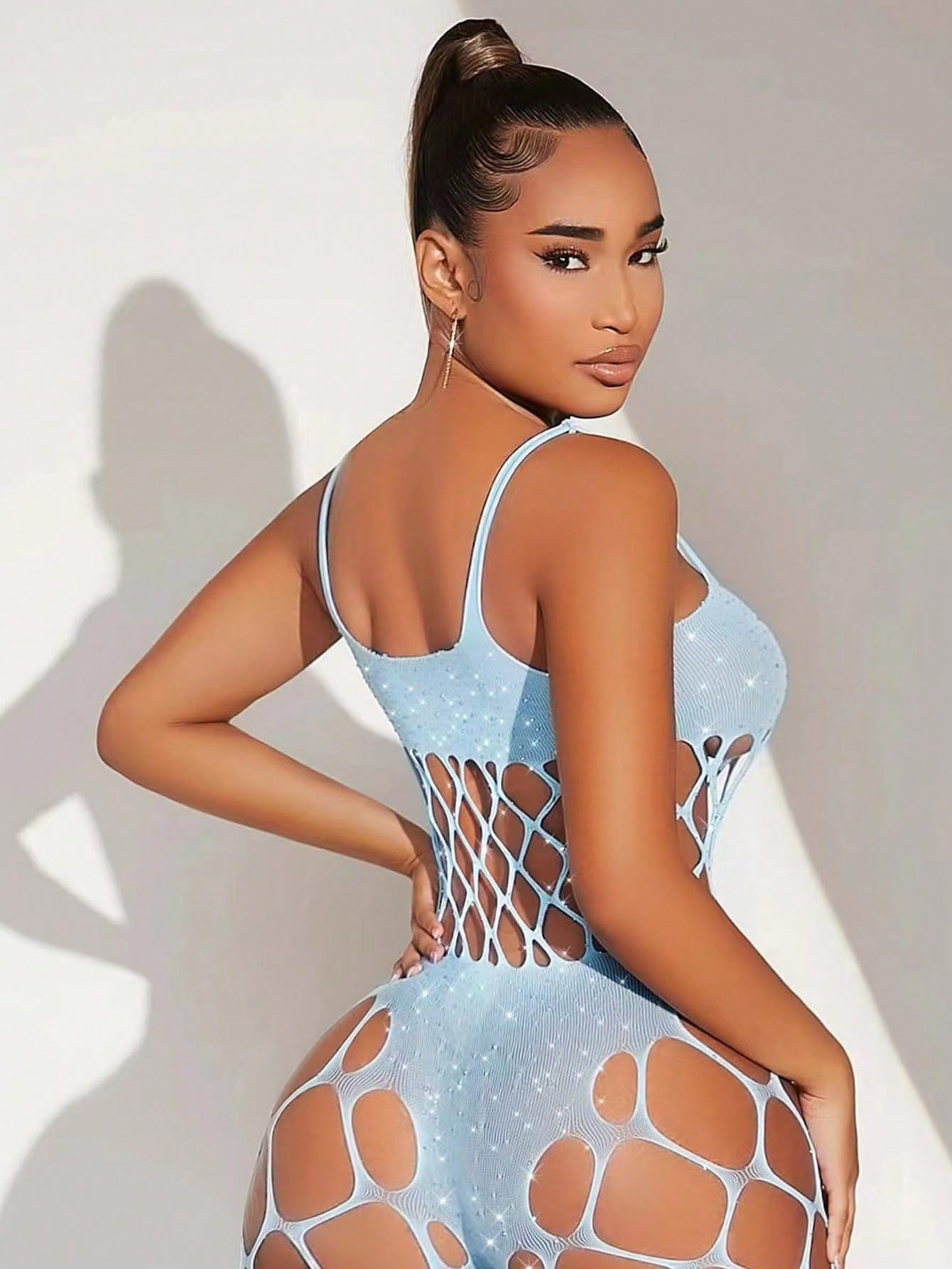 CZSABXY Women Fishnet Sparkle Rhinestone Bodysuit Lingerie Mesh Bodystocking Chemise Nightwear Teddy Lingerie