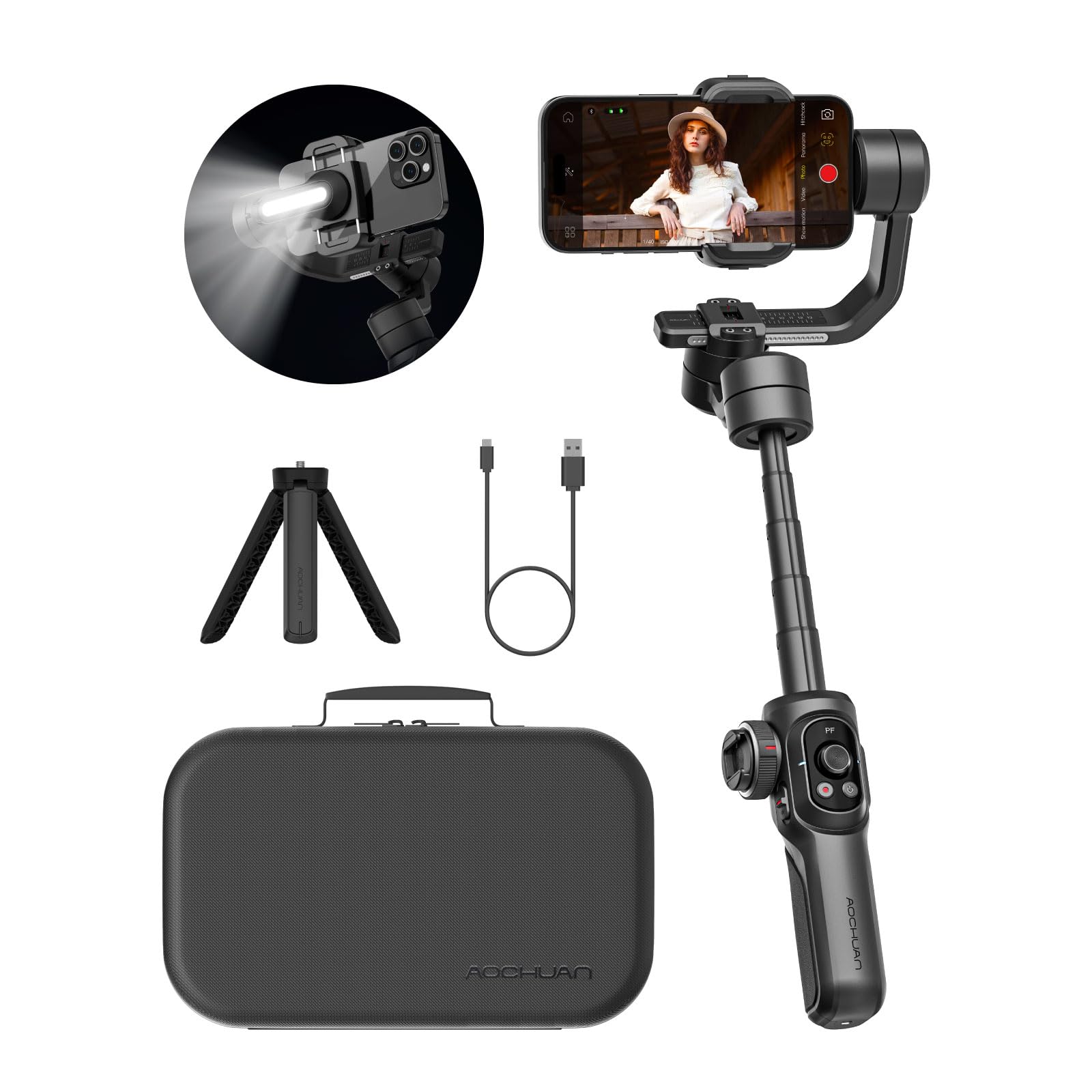 AOCHUAN Gimbal Stabilizer for Smartphone, 3-Axis Industry-Standard Gimbals w/360°Rotation, Phone Stabilizer Built-in Extension Rod, Professional Gimbal w/Fill Light for iPhone/Android-Smart S2
