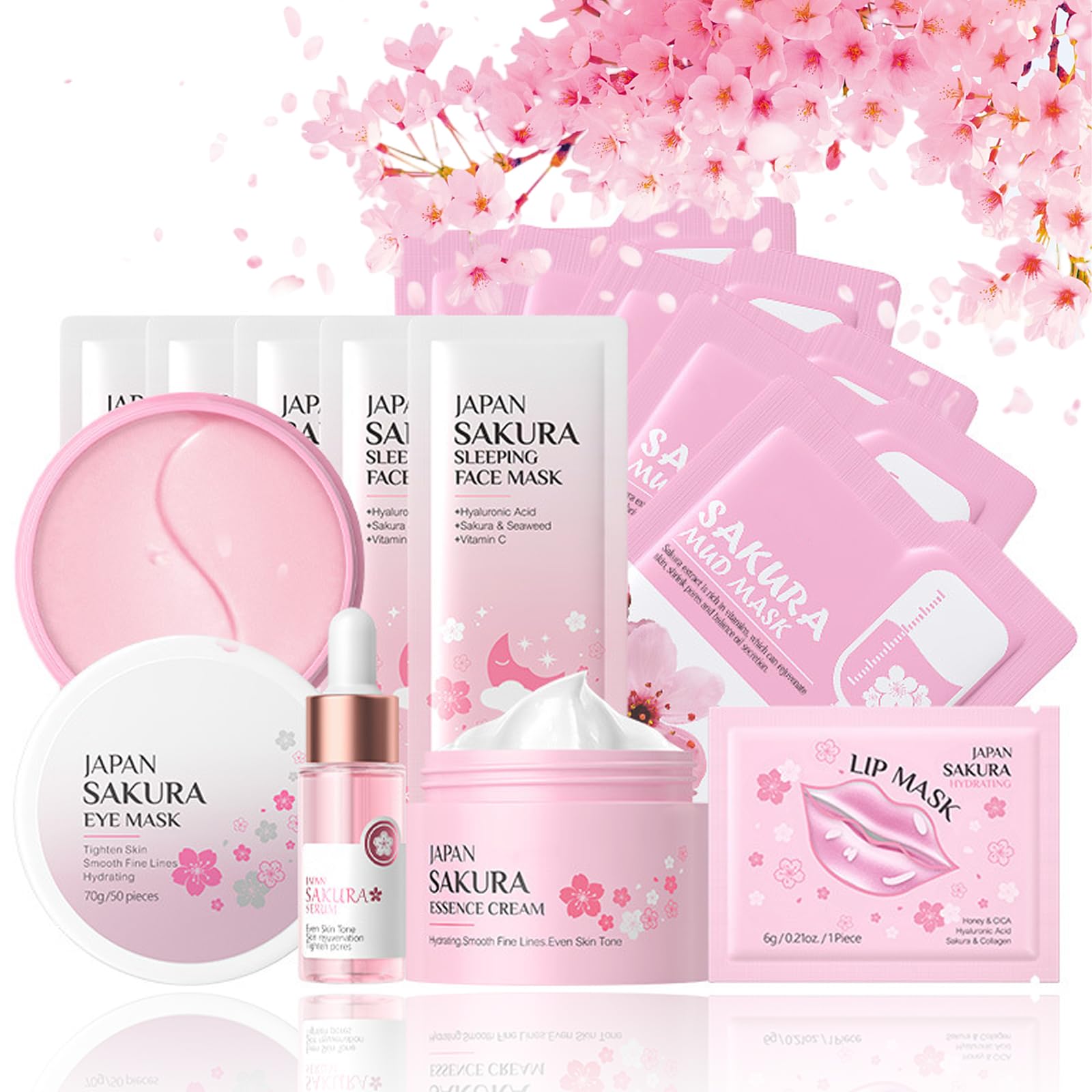 Skin Care Sets & Kits, Cherry Blossom Skincare Set Skin Care for Teenage Girls, Pamper Sets for Women Skincare Sets with Face Cream,Face Serum,Lip Mask,Sleep Mask,Eye Mask,Mud Mask — image 1