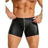 comeondear Men's Faux Leather Boxer Shorts Zipper Bulge Pouch Briefs Black Plus Size Sexy Underwear Panties