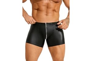 ohyeahlady Mens PU Leather Sexy Boxer Shorts Zipper Low Rise Pouch Trunks Night Underwear Lingerie for Men Club Wear