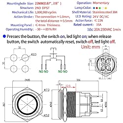 22mm Push Button Switch 15Amp White 24V Momentary