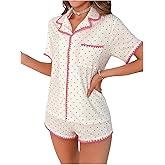 COZYEASE Womens Silky Pajamas Set Heart Print 2 piece Sleepwear Short Sleeve Button Down Shirt with Shorts