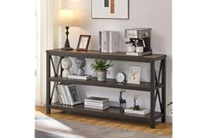 FATORRI Industrial Console Table for Entryway, Sofa Tables Behind Couch, Rustic Wood and Metal Foyer Table with 3 Tier Shelves for Hallway Living Room (55 Inch, Walnut Brown)