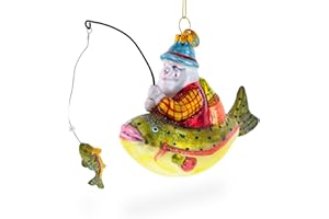 BESTPYSANKY Santa Fishing on Boat Blown Glass Christmas Ornament