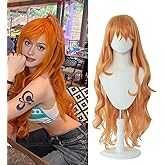 abouder Nami Cosplay Wig with Tattoos Curly Orange Heat Resistant Synthetic Hair Halloween Anime Costume Party Wig for Women