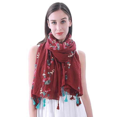 Lina Lily Embroidered Floral Tassel Scarf Shawl Lightweight