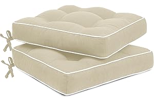 Favoyard Patio Cushions 17 x 17 Inch Indoor & Outdoor Chair Cushions Water-Resistant Seat Cushion for Patio Furniture 3-Year Color Fastness Square Tufted Couch Chair Pads with Ties, 2 Pack, Beige
