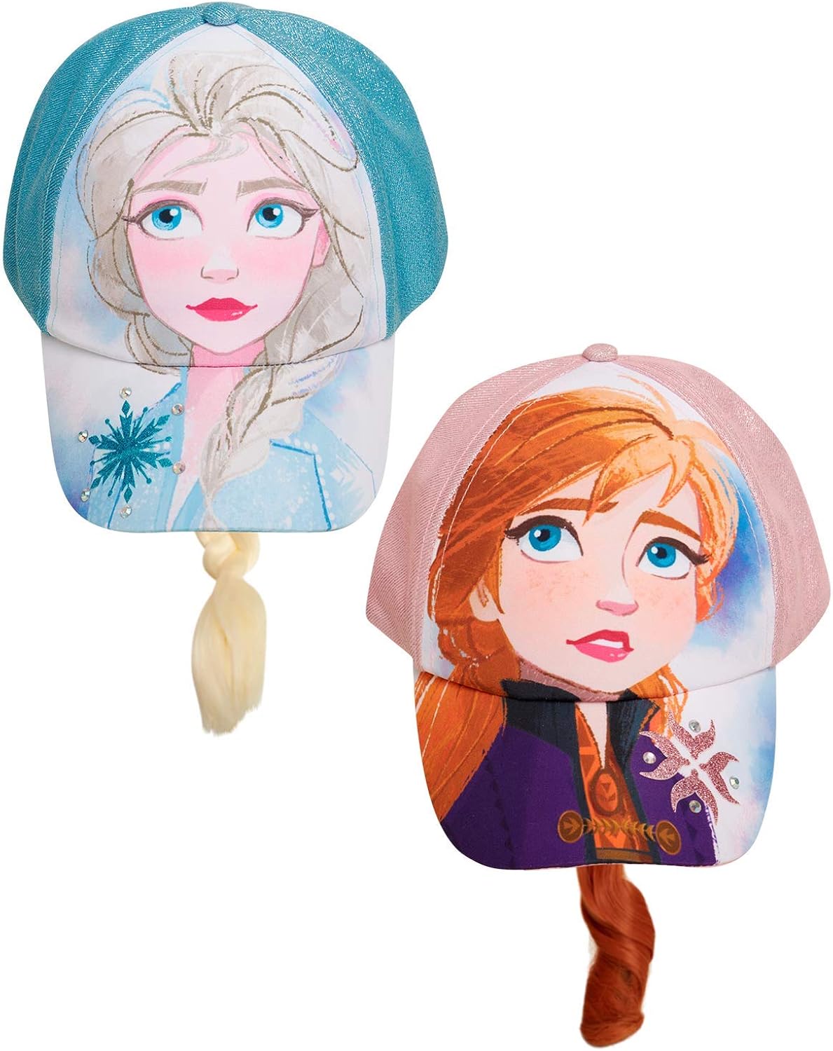 Disney Girls' Frozen Baseball Caps - 2 Pack Elsa and Anna Glitter Hat with Faux Ponytail Set (Ages 4-7), Size Age 4-7, Elsa/Anna Ponytail Cap: Clothing