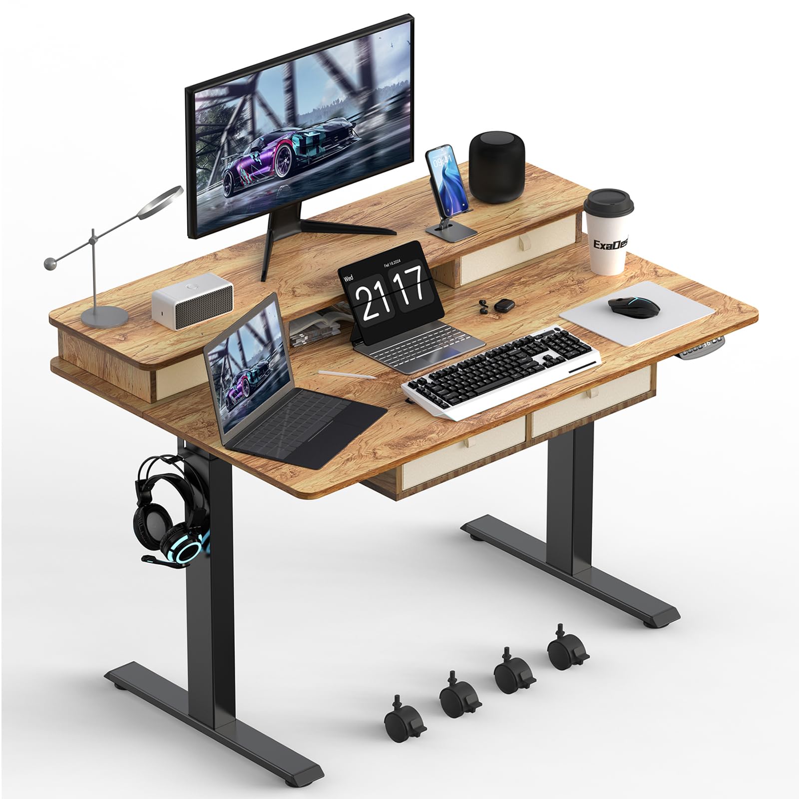 Photo 1 of ExaDesk 48 * 30 Inches Electric Standing Widened Desk Adjustable Height with 4 Drawers, Double Storage Shelves Stand Up Desk, Home Office Workstation Sit Stand up Desk (Light Rustic Brown)