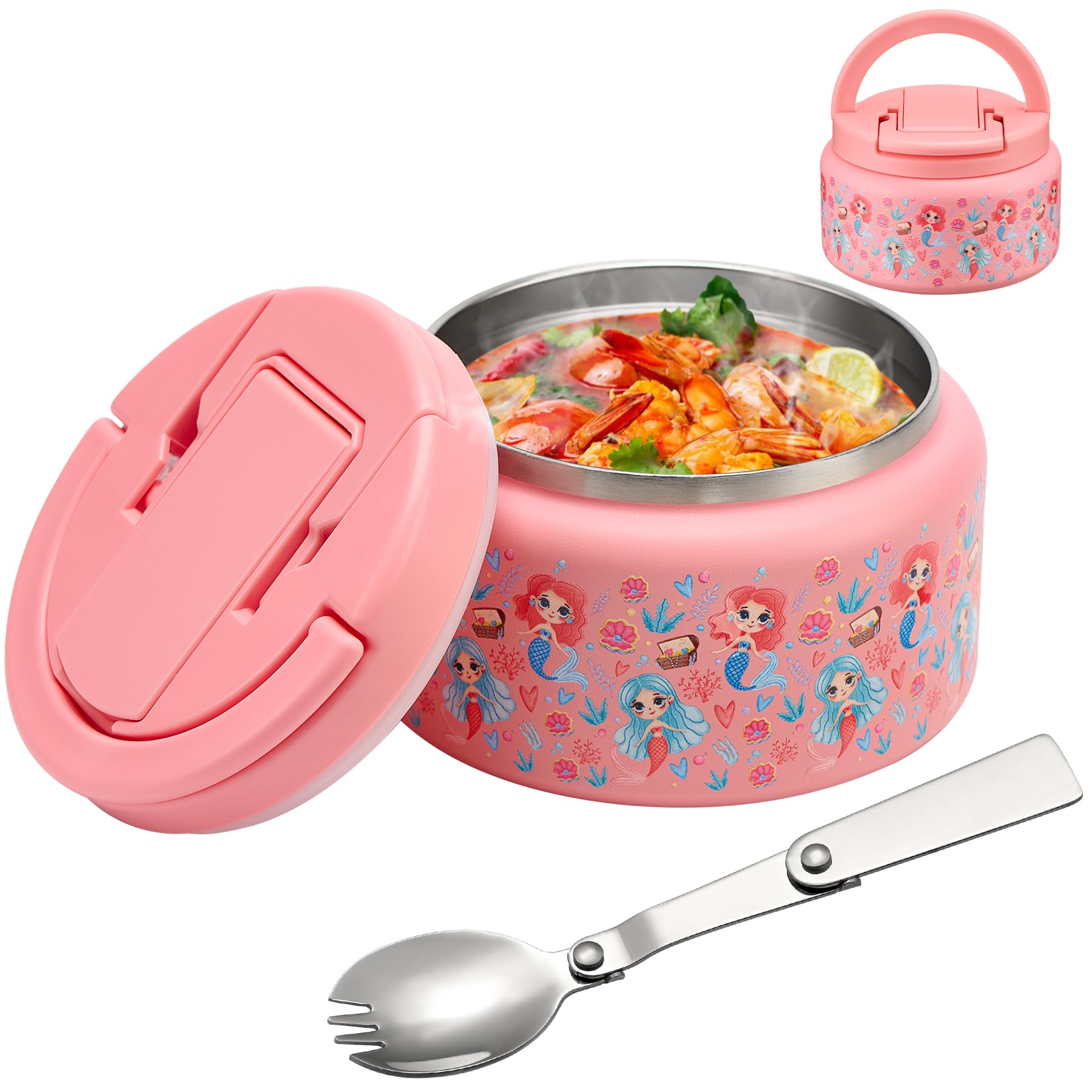 Photo 1 of 13.5oz Soup Thermo for Hot Food Kids Insulated Vacuum Food Jar with Buckle Lid,Wide Mouth Leakproof Stainless Steel Lunch Container with Spoon-Mermaid