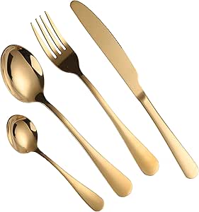 KISEER Gold Flatware Silverware Set, 16-Pieces Stainless Steel Cutlery Tableware Set for Home Kitchen or Restaurant, Service for 4