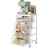 4-Tier Kitchen Storage Cart - Fruit Vegetable Storage Cart with Drawers, Wooden Top Metal Wire Kitchen Organizer and Storage Cart with Wheels to Storage Onions Potatoes Cans Snacks for Kitchen