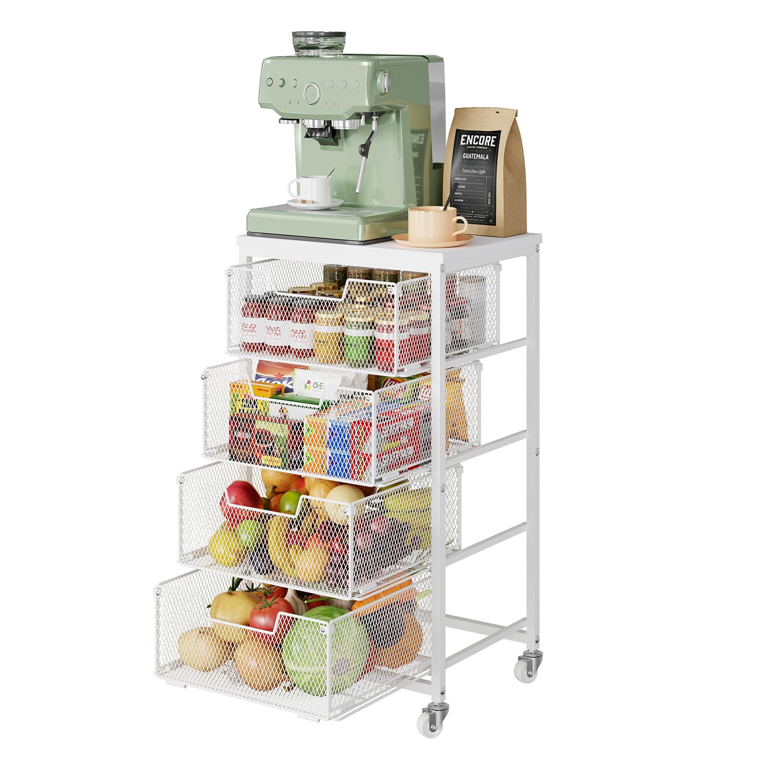 Photo 1 of 4-Tier Kitchen Storage Cart - Fruit Vegetable Storage Cart with Drawers, Wooden Top Metal Wire Kitchen Organizer and Storage Cart with Wheels to Storage Onions Potatoes Cans Snacks for Kitchen