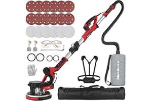 MAKIHARA Drywall Sander, Popcorn Ceiling Removal Tool, 1000W Drywall Sander with Vacuum Dust Collector, 6 Variable Speed 500-2000rpm, 18pcs Sanding Discs, Led Light, Foldable & Extendable Handle