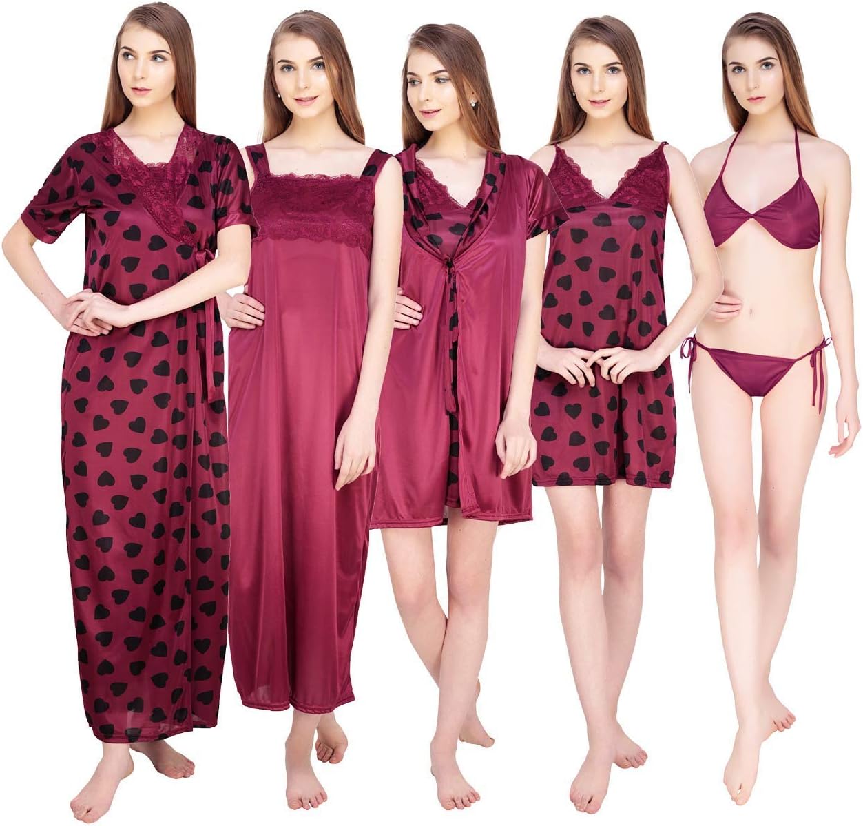 Biaba Collection Women's Satin Nighty Set (Red)- 6 Pieces