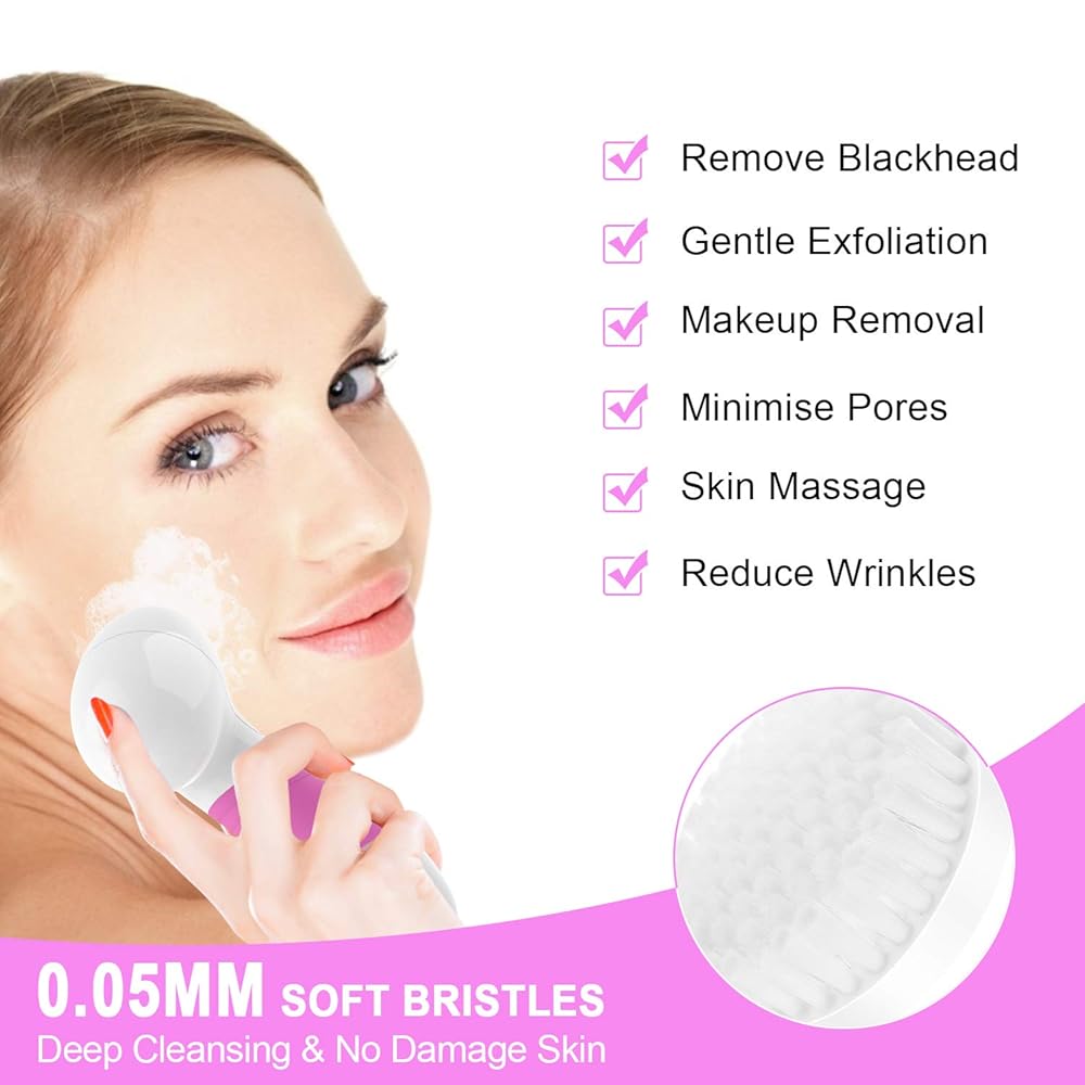 Waterproof Facial Brush, Electric Facial Exfoliator with 4 Brush Heads for Face &Body Deep