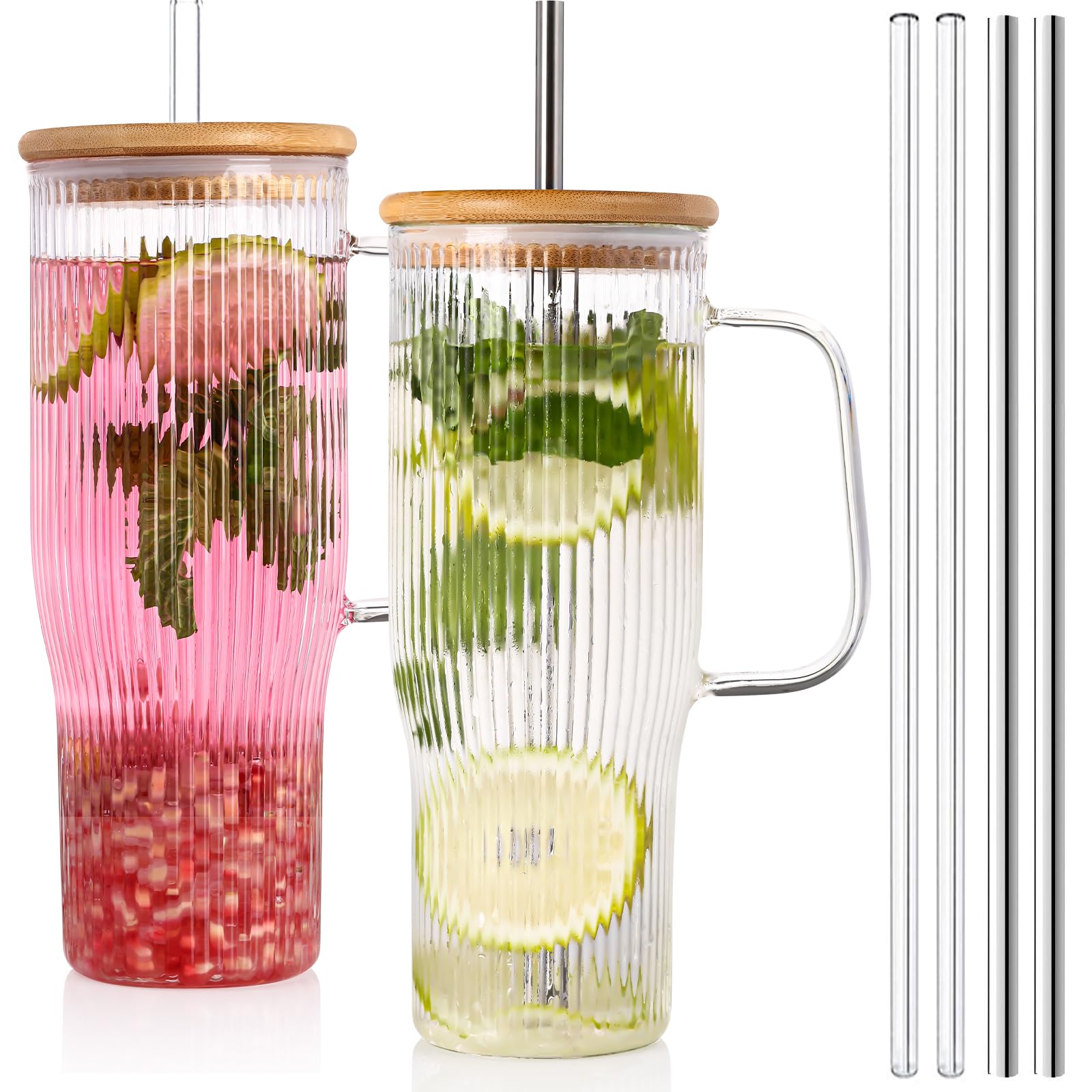 Photo 1 of *** 1 PACK *** 32 oz Ribbed Glass Cup with Handle, Bamboo Lid, 2-Pack Large Iced Coffee Cups with 2 Stell & 2 Glass Straws, Glass Tumbler for Hot/Cold Drinks, Aesthetic Travel Cup for Smoothies, Juice, and Tea