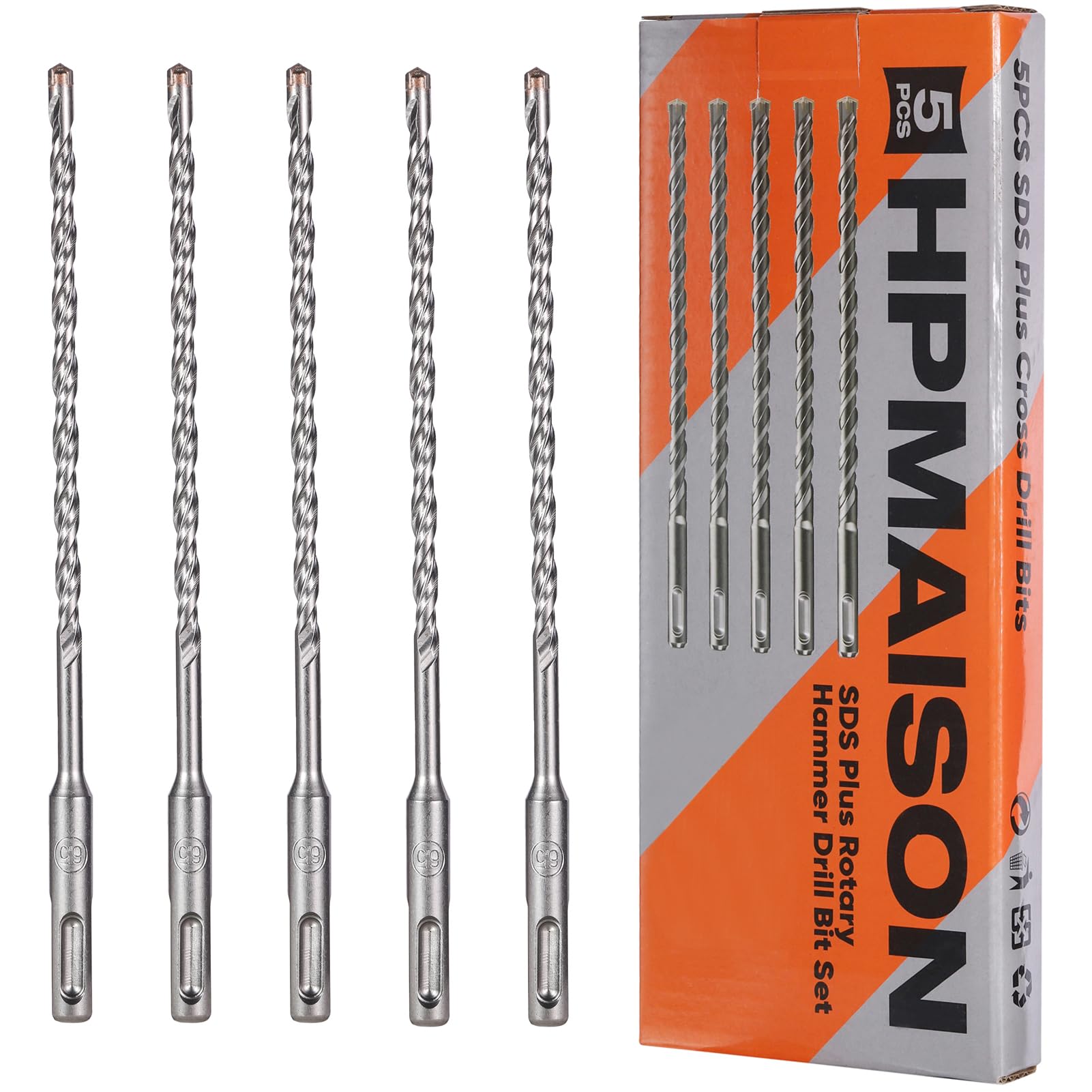 HPMAISON SDS Plus Rotary Hammer Drill Bit Set 6.5mm x 210mm, 5PCS Cross Drill Bits Hammer Impact Drill Bit 4-Cutter Carbide Tips for Drilling Stone, Concrete, Brick Wall, Cement, Masonry