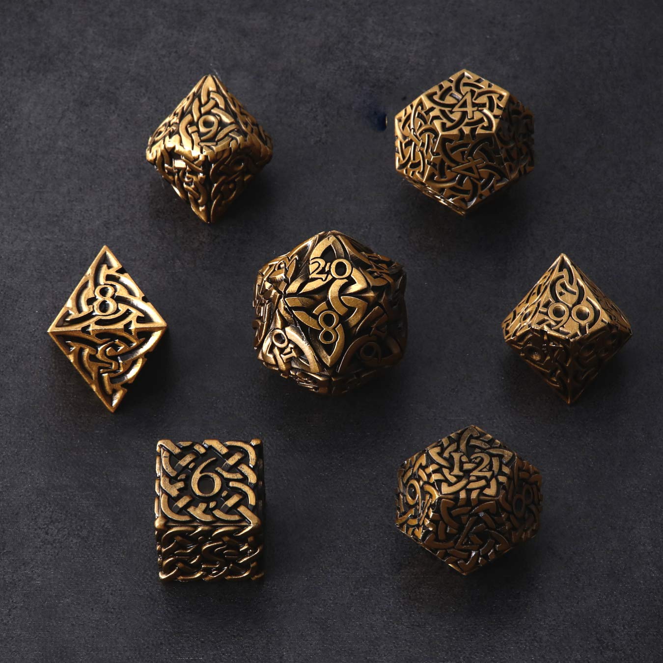Antique Gold Endless Order Dice 7 piece Polyhedral Metal Dice Set Celtic Knots Extra Heavy & Large for DnD Dungeons and Dragons Call of Cthulhu Pathfinder Tabletop RPG Dice Wizard Monk Dice