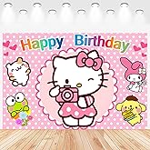 Cartoon Birthday Decorations, Cute Pink Cat Backdrop, Banner Shoot Photo Backgrounds Props, Birthday Party Supplies for Girls (5x3ft)
