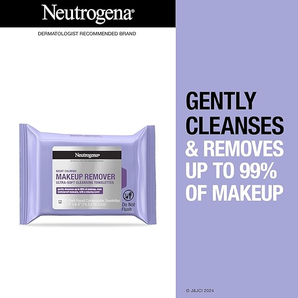NEUTROGENA MAKEUP REMOVER NIGHT CALMING CLEANSING TOWELETTES, DISPOSABLE NIGHTTIME FACE WIPES TO REMOVE DIRT, OIL & MAKEUP, 25 CT