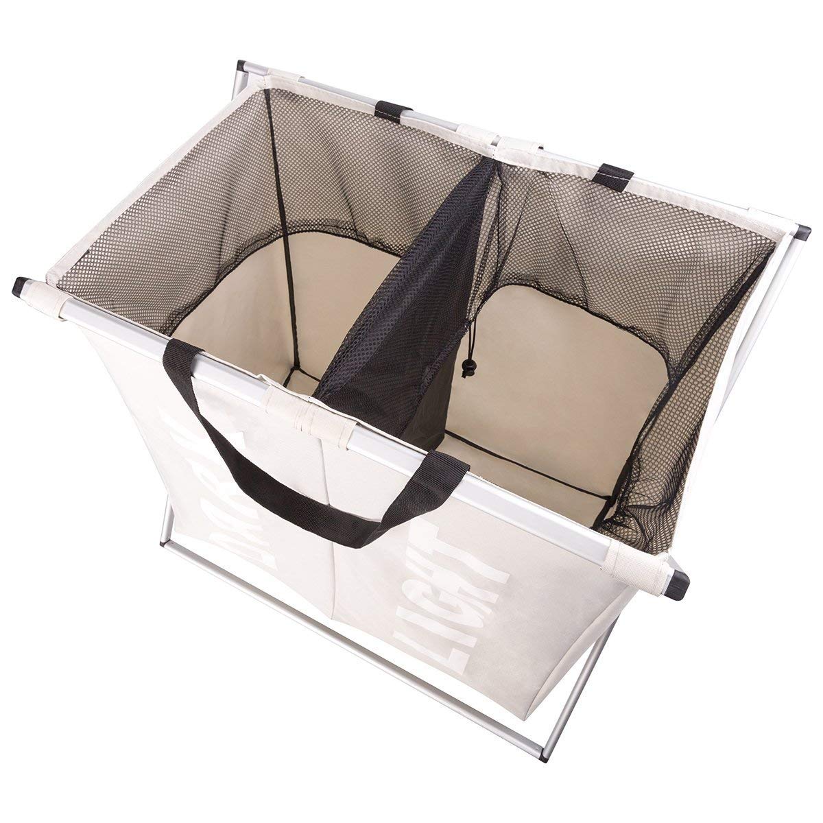 WISHPOOL 2 Section Laundry Hamper Bag with X-Frame Dirty Clothes Hamper Double Laundry Basket for Bathroom Bedroom Home（Beige）