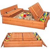 Agitree Large Wooden Sandbox for Kids, 47"&times;47" Outdoor Cedar | Cover, Bench Seats, 2 Storage Bins, Drainage Liner, Easy Assembly