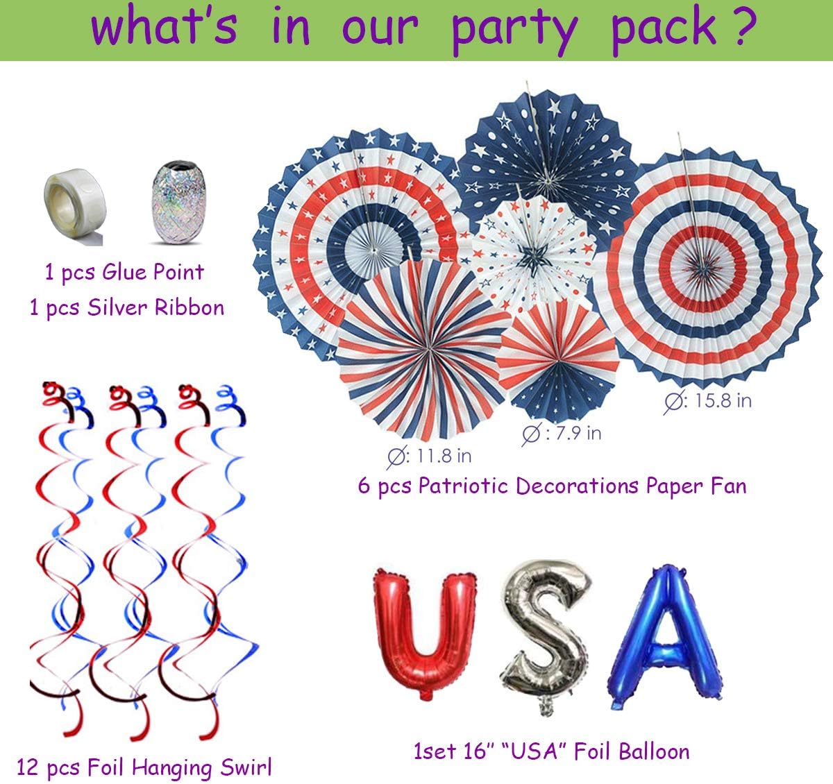 Patriotic Decorations - American Flag Party Supplies, 45 pcs Patriotic Party Supplies Including Paper Fans, Banner, Shades Glasses, Balloons, Star Confetti, Hanging Swirl: Toys & Games