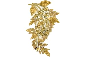 SAIXCCS 1pc Large Flower Rhinestone Applique Gold, Embroidery Sequin Patches for Clothes,Beaded Lace Applique for Wedding Bridal Dress Bodice Hat Sewing Craft for Girl Embellishment(Gold)