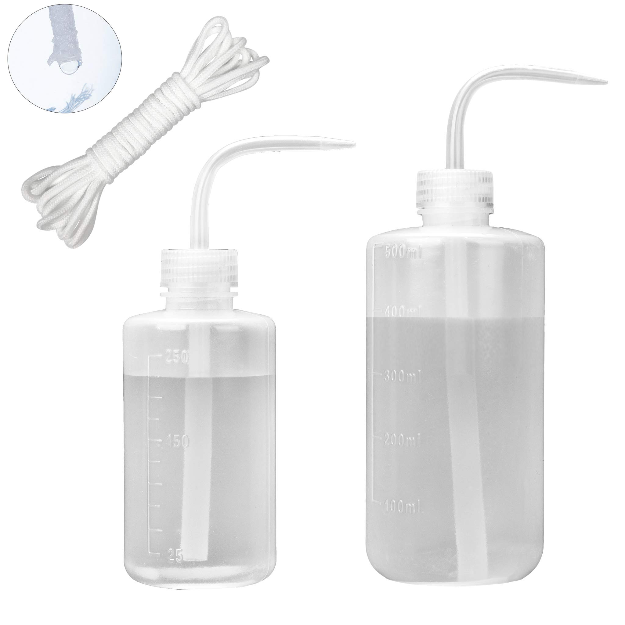 ORIMERC Watering Can 250ML & 500ML with 15 feet Self Watering Wick Cord for Indoor Plants Succulent Plastic Squeeze Bottle Long Nozzle Waterer Bonsai Terrarium Orchids Seedling Lab Wash