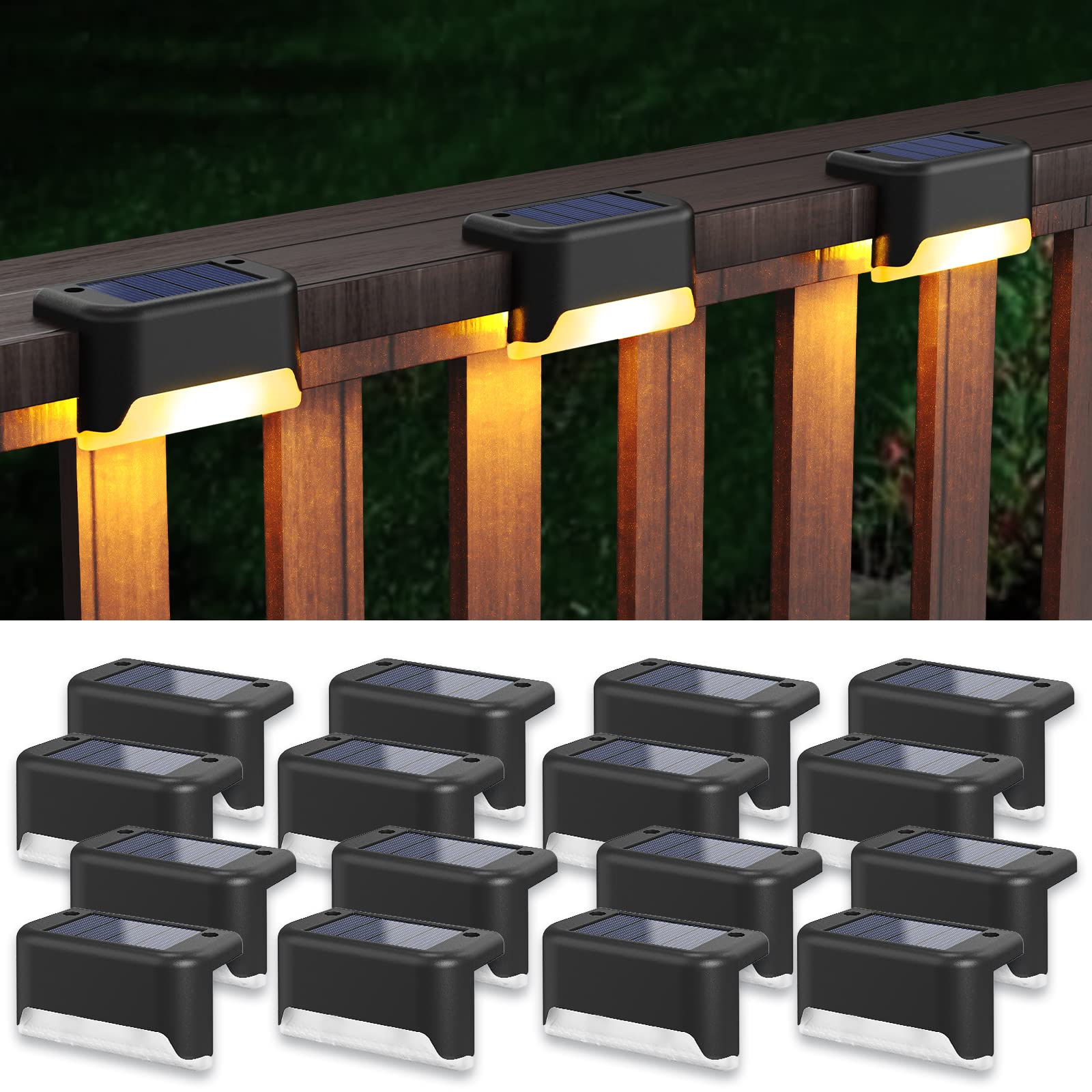 Photo 1 of APONUO Solar Step Deck Fence Lights, Outdoor Waterproof Led, 1.77x3.14x1.73in, Black, Warm White, 16 Pcs, Path, Light, for Patio, Stairs, Garden Pathway, Step and Fences