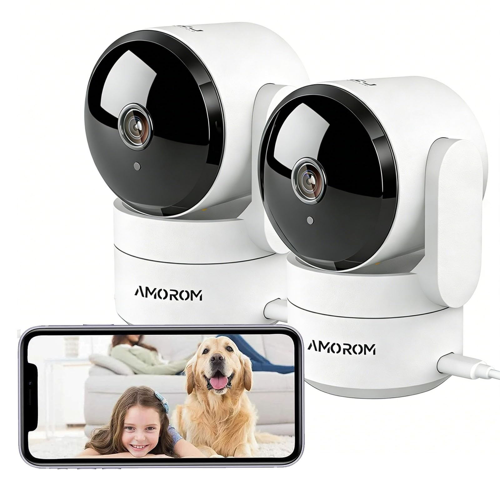 AMOROM Indoor Security Wifi Camera with AI Custom Alerts, Pet Dog Cameras with App, Motion Detection, Pan/Tilt, Night Vision, Privacy Mode, Works with Alexa, 2.4GHz Wifi, 2 Pack
