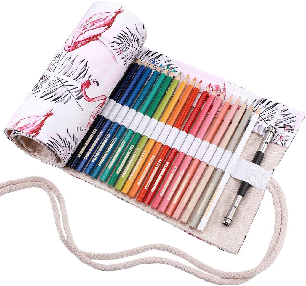 AmoyieAmoyie Hand Roll Up Pencil Bag for 72 Coloring Pencil, Canvas Pencil Organiser Bag Artist Pen Carrier Bag, Pencil Wrap for Kids (no Pencil Included)