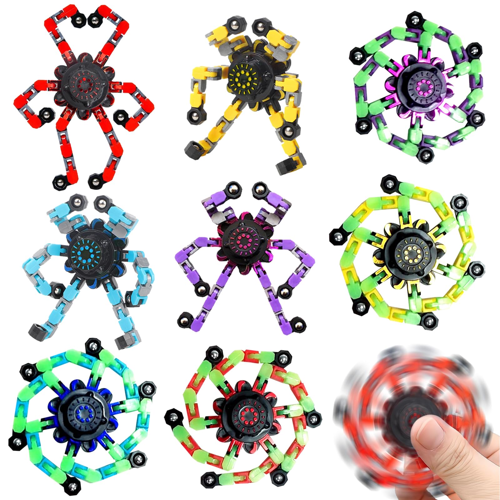 EDLMKM 8pcs Transformable Fidget Spinner Toy, Tip Spin Top, Fidget Toy, Transformer Chain Robot, Funny DIY Fingertip Spin Top Toys for Kids Adults, All Ages