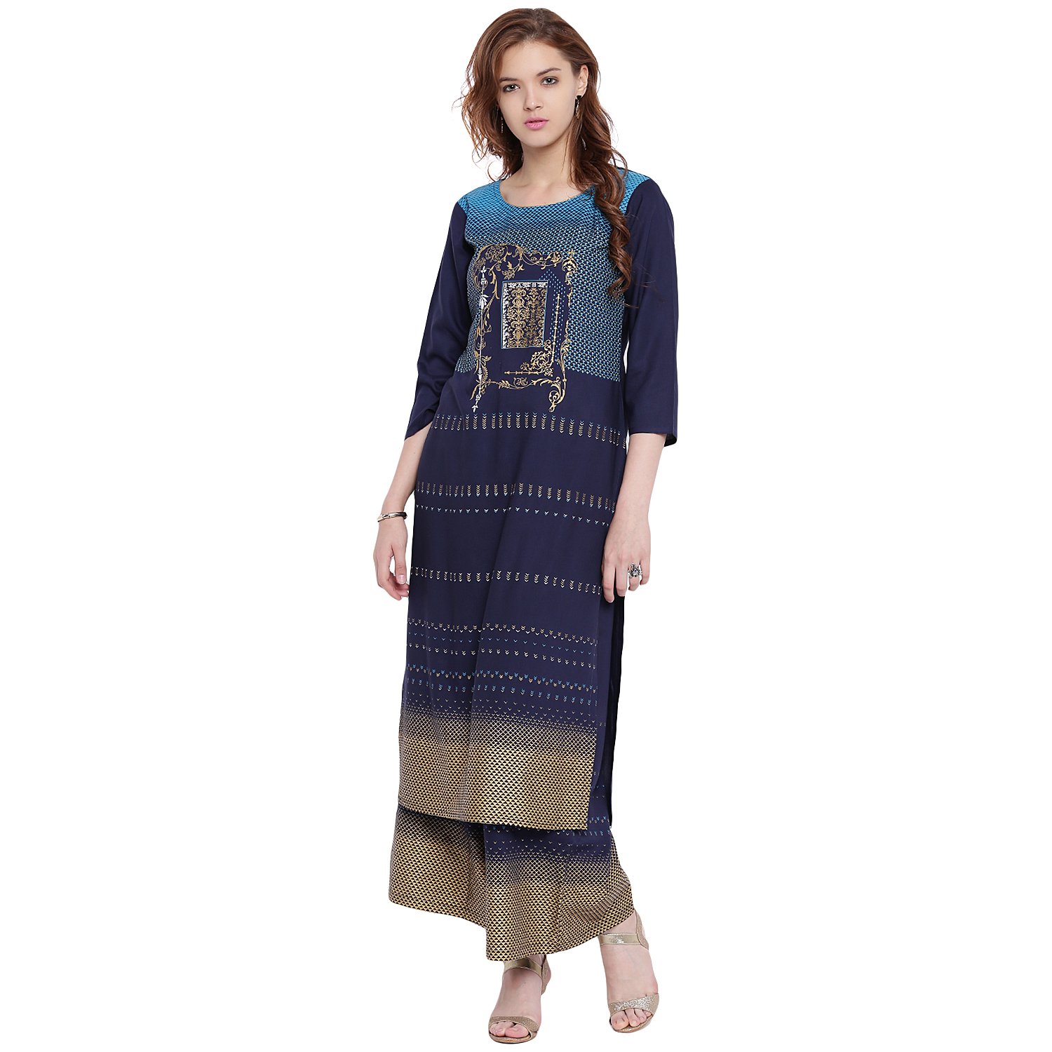 pinky pari screen printed rayon blue straight festive kurta with printed rayon palazzo
