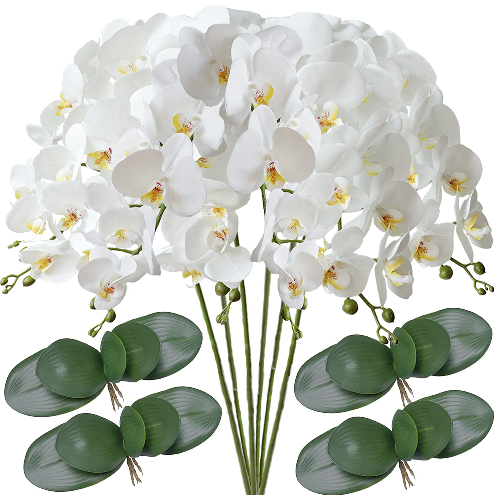 FagusHome 32" Artificial Phalaenopsis Flowers 6 Pcs Artificial Orchid Flowers with 4 Bundles Leaves for Home Décor (6+4Pcs)