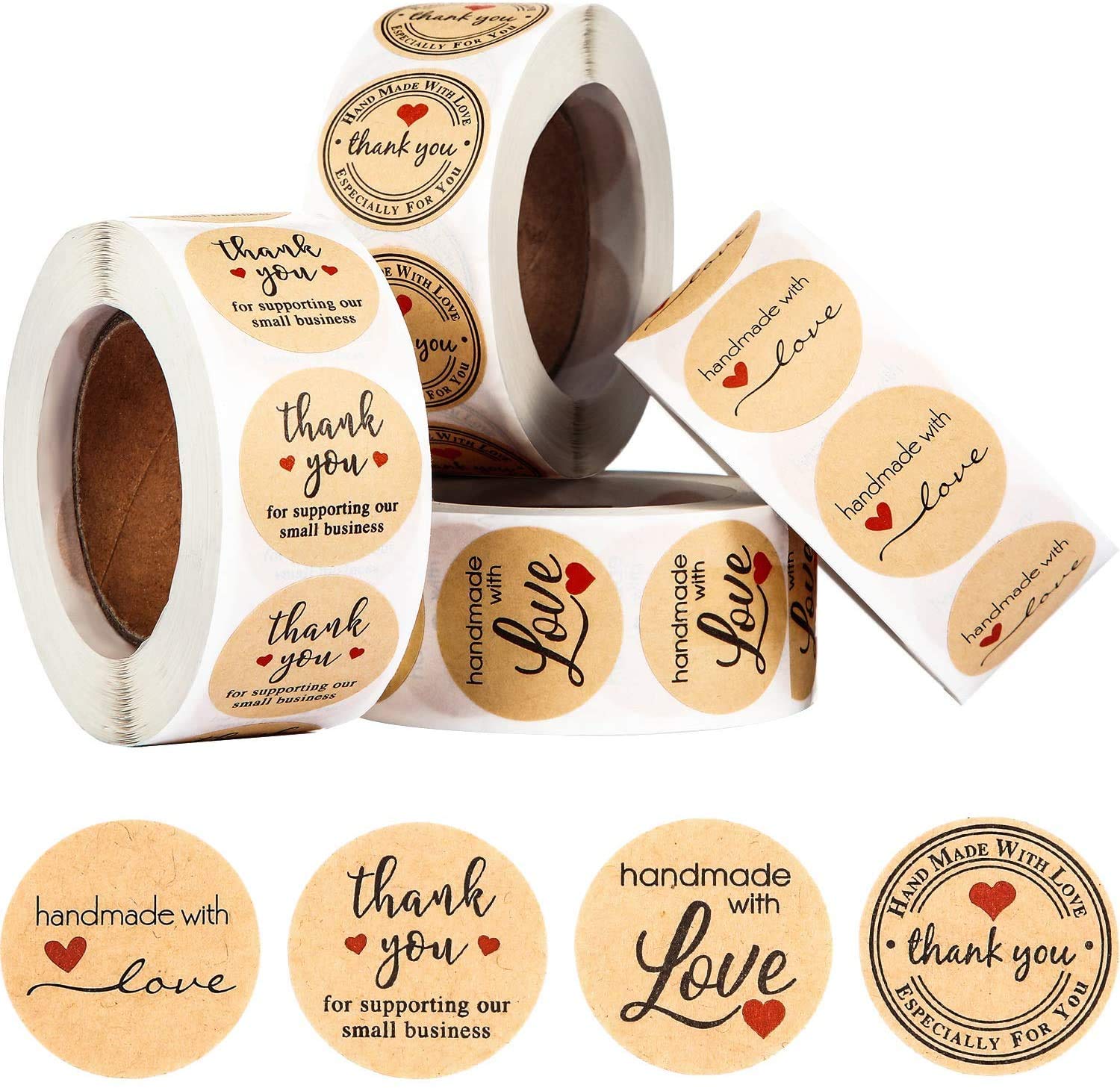 Handmade with Love Stickers - 2000 Labels, 4 Rolls of 500, Round Kraft Adhesive Stickers for Present Bags, Wedding, Thanksgiving, 1 Inch