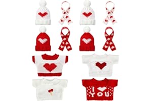 Geyoga 12 Pcs Valentines Day Doll Clothes Bear Stuffed Animals Clothing Accessories Mini Valentines Doll Costume Outfit Include Mini Knit Hats Scarves and Sweater for Plush Toy Clothes Dolls Gifts