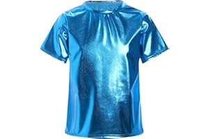 Hansber Kids Girls Boys Shiny Metallic T-Shirts Faux Leather Short Sleeve Tees Blouse Dance Performance Tops