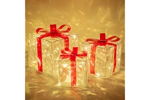FUNPENY Set of 3 Christmas 60 LED Lighted Gift Boxes, Transparent Warm White Lighted Christmas Box Decrations, Presents Boxs with Red Bows for Christams Tree, Yard, Home, Christams Decorations