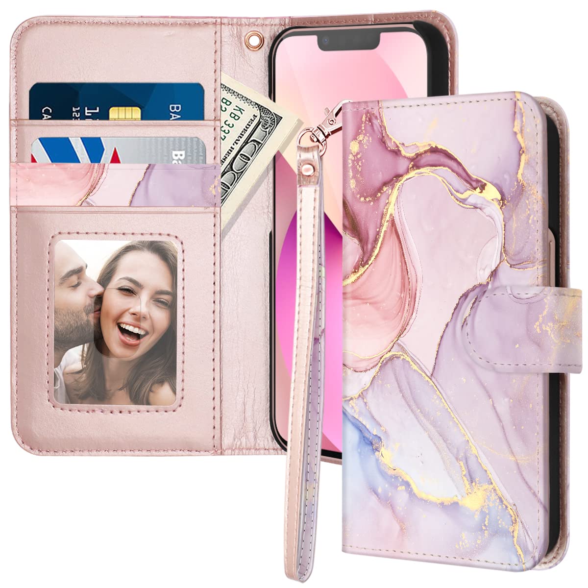 Fingic for iPhone 13 Case,iPhone 13 Phone Case Wallet,Marble PU Leather Slim Women Magnetic Closure Kickstand Military Shockproof PC Bumper Strap Holder Protective Flip Cover for iPhone 13,Rose Gold — image 1