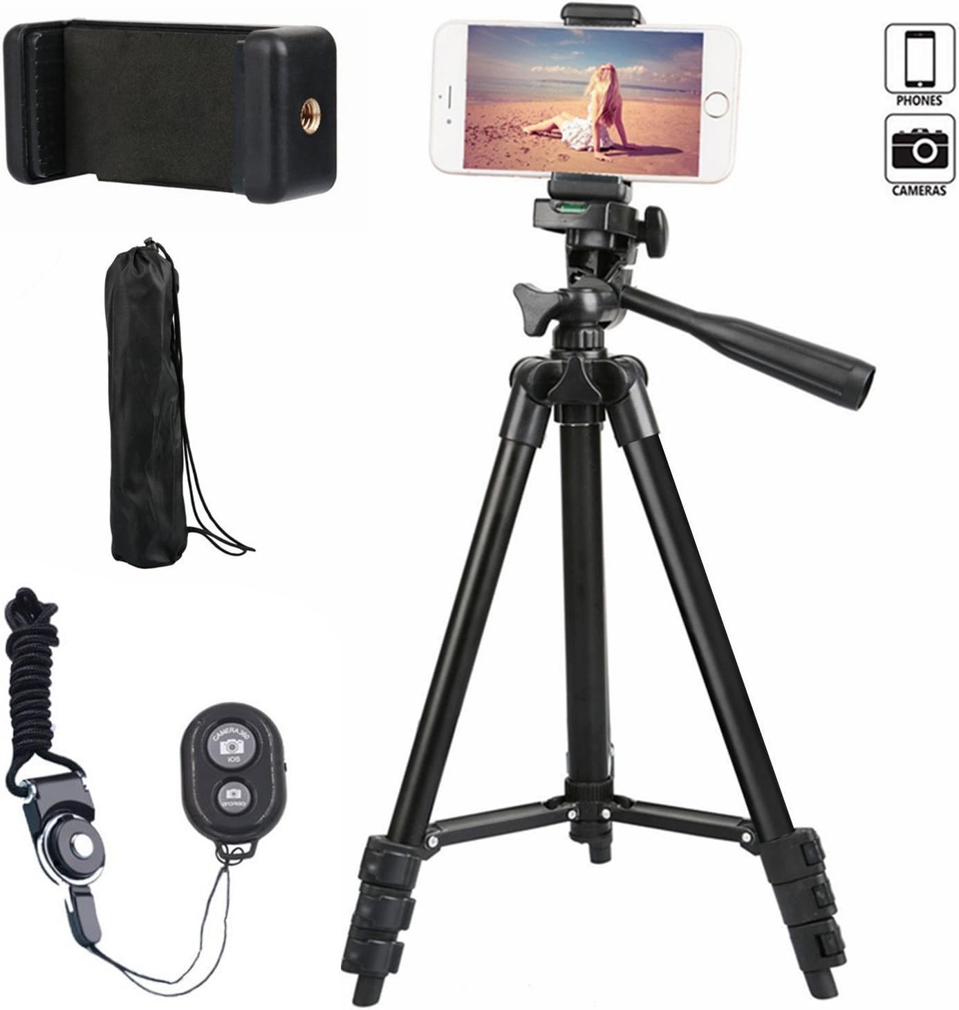 [UPDATED VERSION]ANTTAA 42 inch Aluminum Alloy Camera Cellphone Universal Tripod with Holder Mount and Bluetooth Wireless Remote Shutter for Apple, iPhone Samsung and Other Smartphones-Black